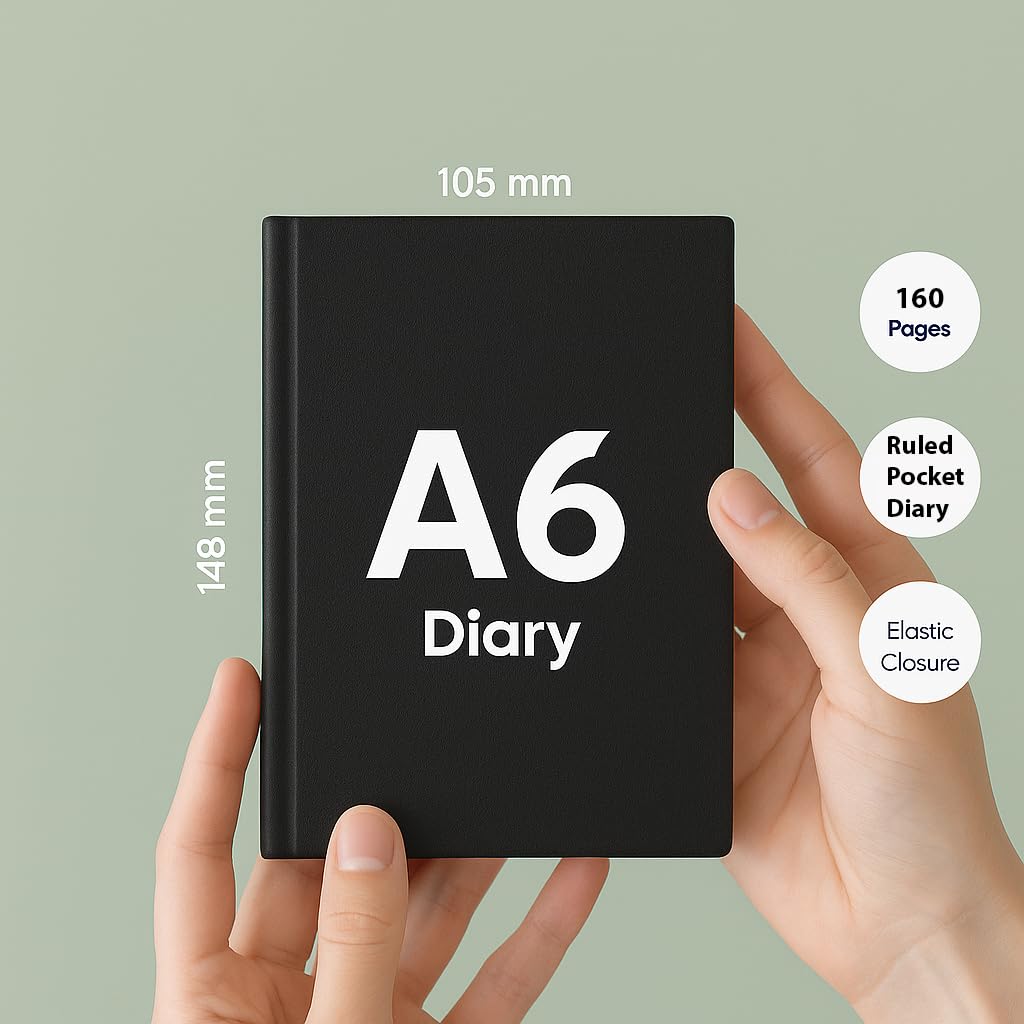 AccuPrints A6 Hard Bound Diary Size 6 x 4.2 inches with 160 Pages | Notebook Diary with Elastic Lock PU Leather Pocket Diary for Office (Black)