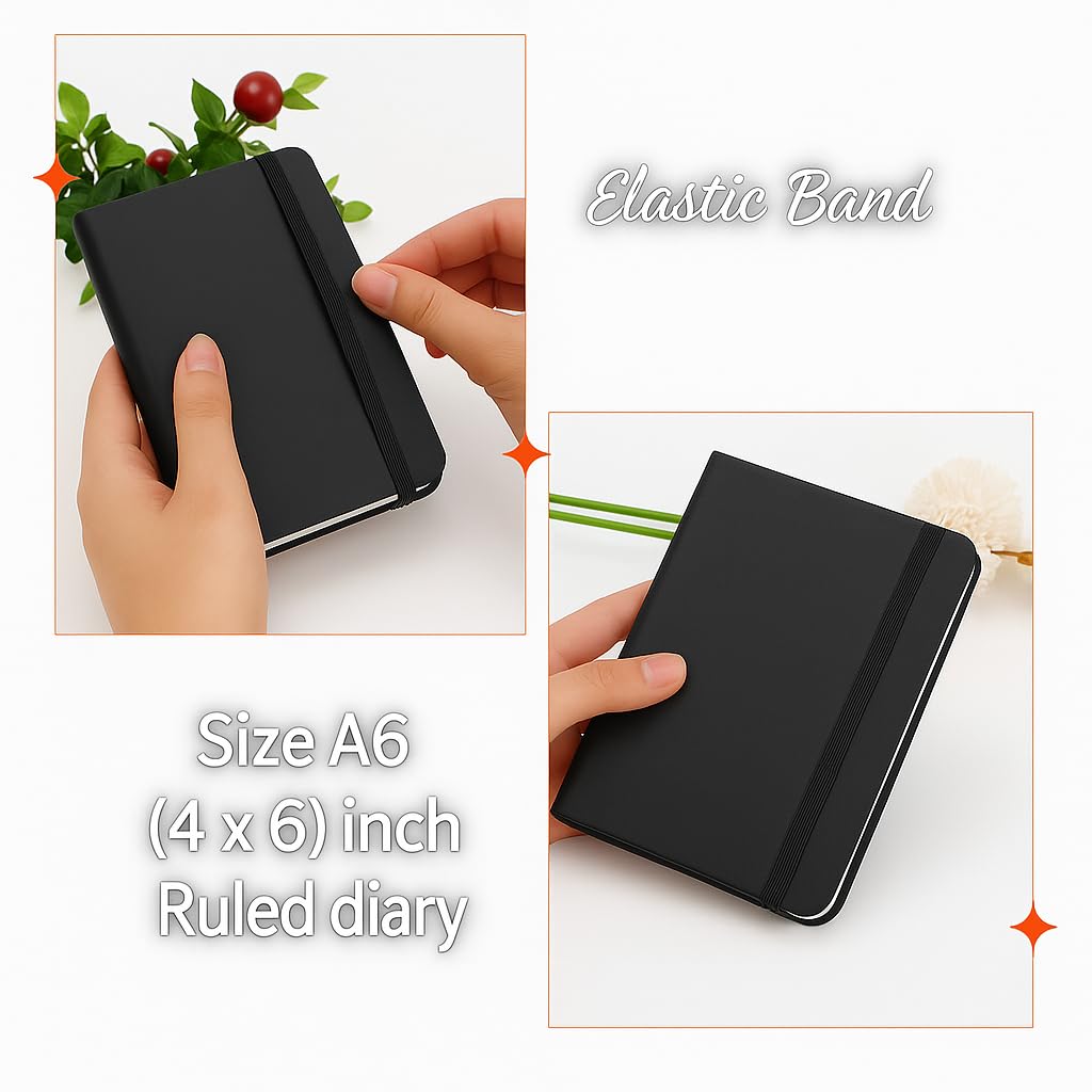 AccuPrints A6 Hard Bound Diary Size 6 x 4.2 inches with 160 Pages | Notebook Diary with Elastic Lock PU Leather Pocket Diary for Office (Black)
