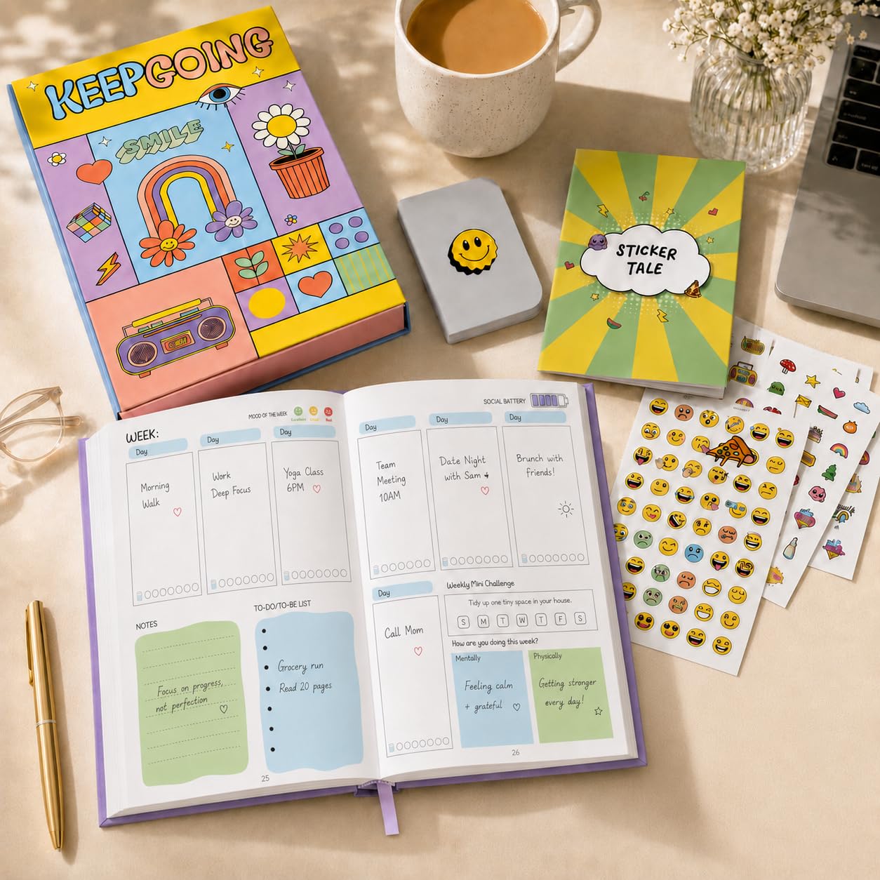 KALP Undated Daily Journal Planner KIT with Pocket Diary, 2 Posters, 300+Stickers, Magnetic Bookmark - Hard Bound, 80 GSM - 272 pages, 52 Weekly Spreads, Monthly View, Habit & Budget Tracker (RETRO)