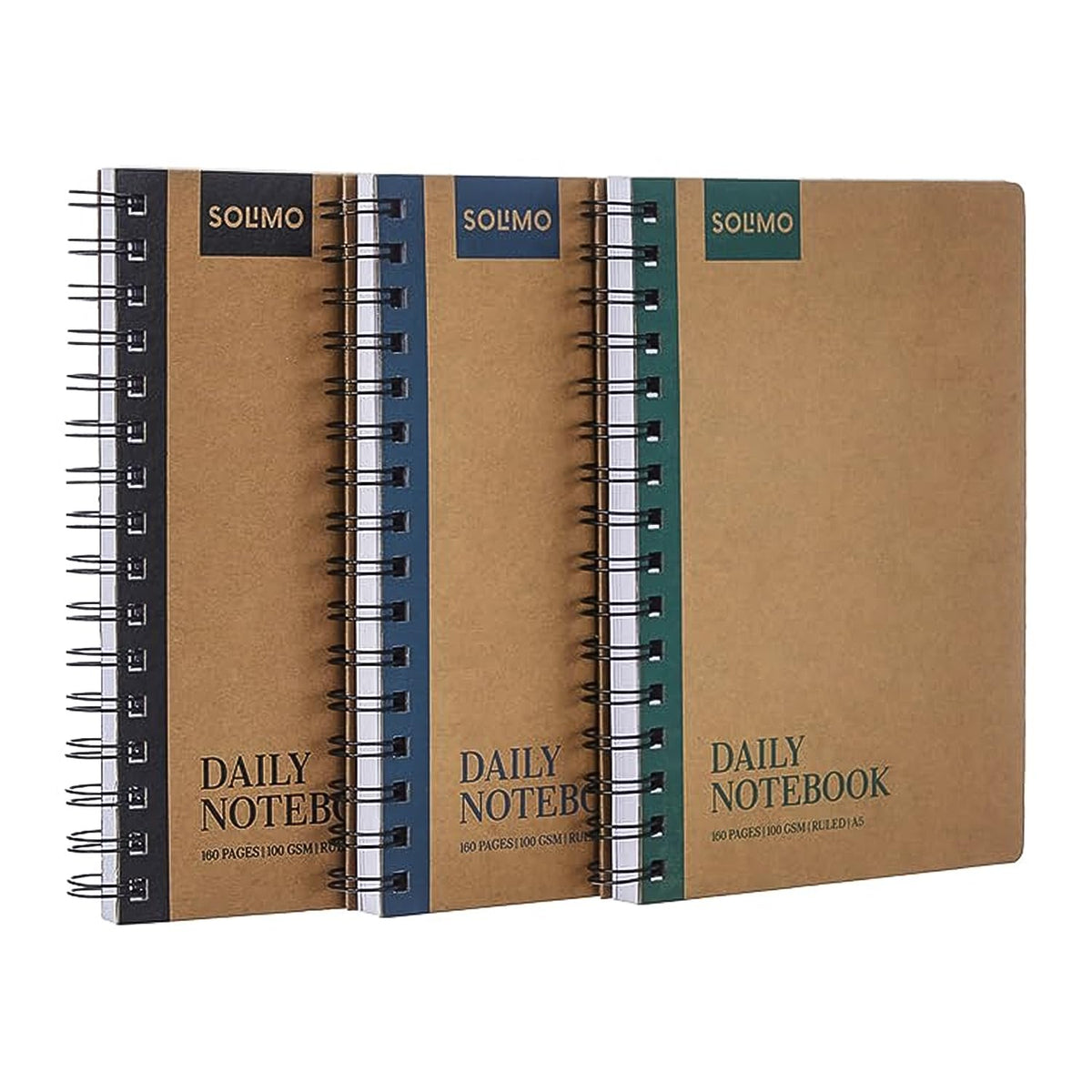 Solimo Notebooks, Spiral-Bound, Kraft Cover, Lightweight, Pleasing Designs (A5, 160 Pages, 100 GSM, Set of 3)